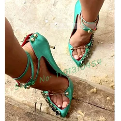 Gems Trim Green Metal Heel Sandals With Metal Nails Women Luxury Cutout Pointy Shoes Sexy Ladies Cross Strap Patent Party Pumps
