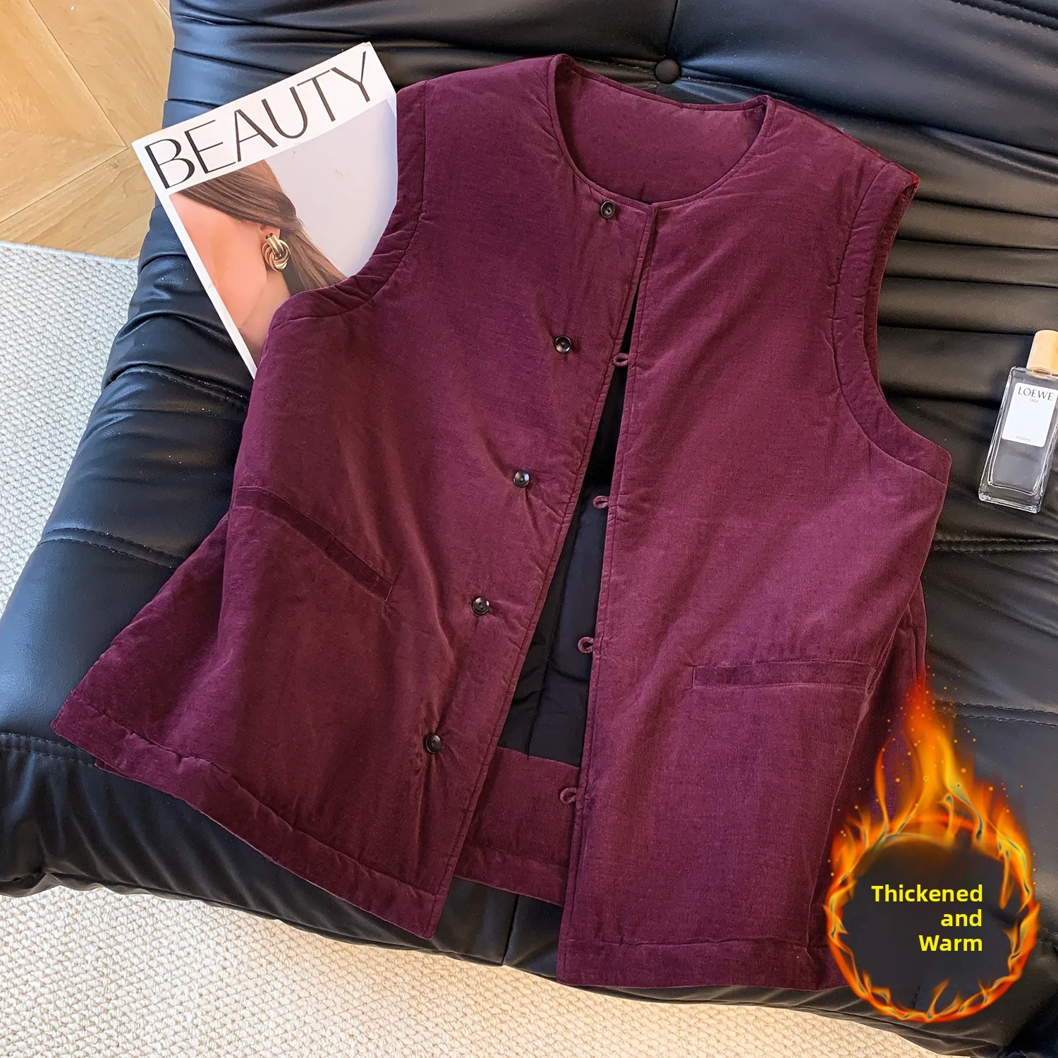 

Легкий новый зимний хлопковый жилет, художественный вельветовый женский жилет сливового фиолетового цвета, круглая застежка на одной пуговице
