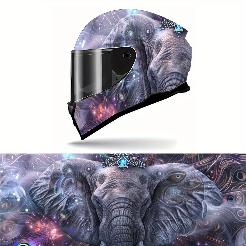 

Rich Elephant Decorated with Peacock Feathers Background Print Full Helmet Wrap Sticker Motorcycle Helmet Racing Graphic Decal V