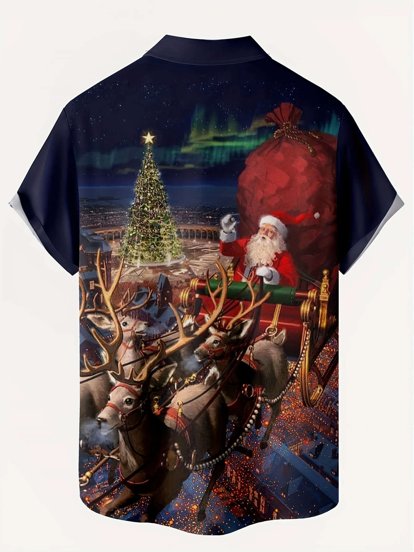 Men Short Sleeve Shirt Santa Sleigh Reindeer Xmas Tree Print Turn‑Down Collar Hawaiian Casual Tops
