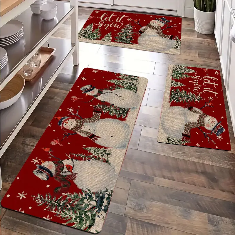 

Red Background Snowman Christmas Tree Pattern Kitchen Carpet Washable Floor Rug for Restaurant Bedroom Decor