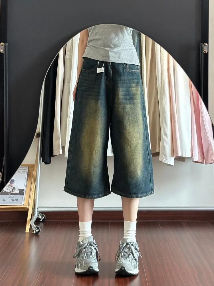 

Женские джинсы с высокой талией и широкими штанинами в американском ретро-стиле, летние модные винтажные джинсовые шорты, повседневные прямые брюки