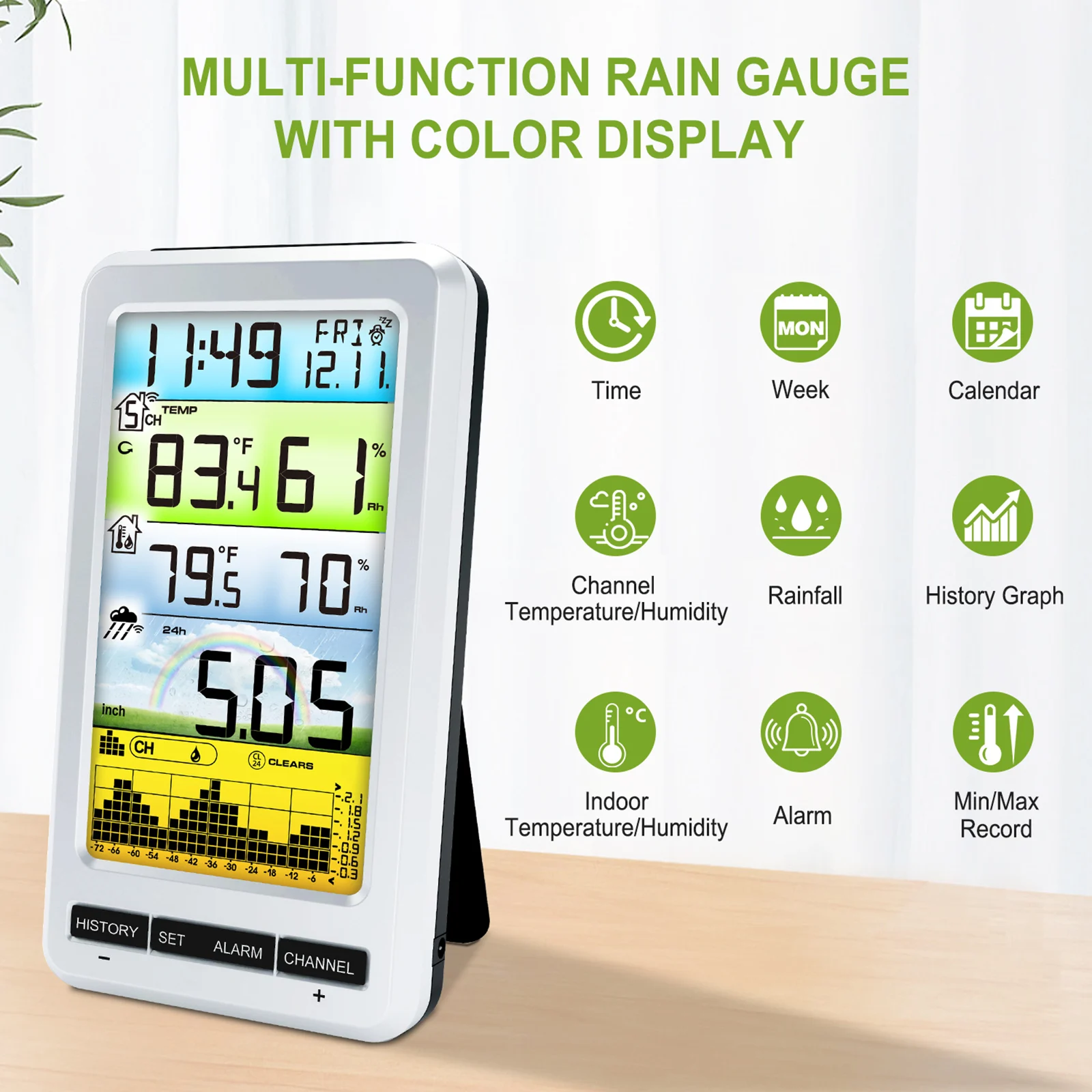 Wireless Digital Pluviometer with Self-Emptying Collector Accurate Real-Time Rainfall Monitoring Indoor/Outdoor Temperature