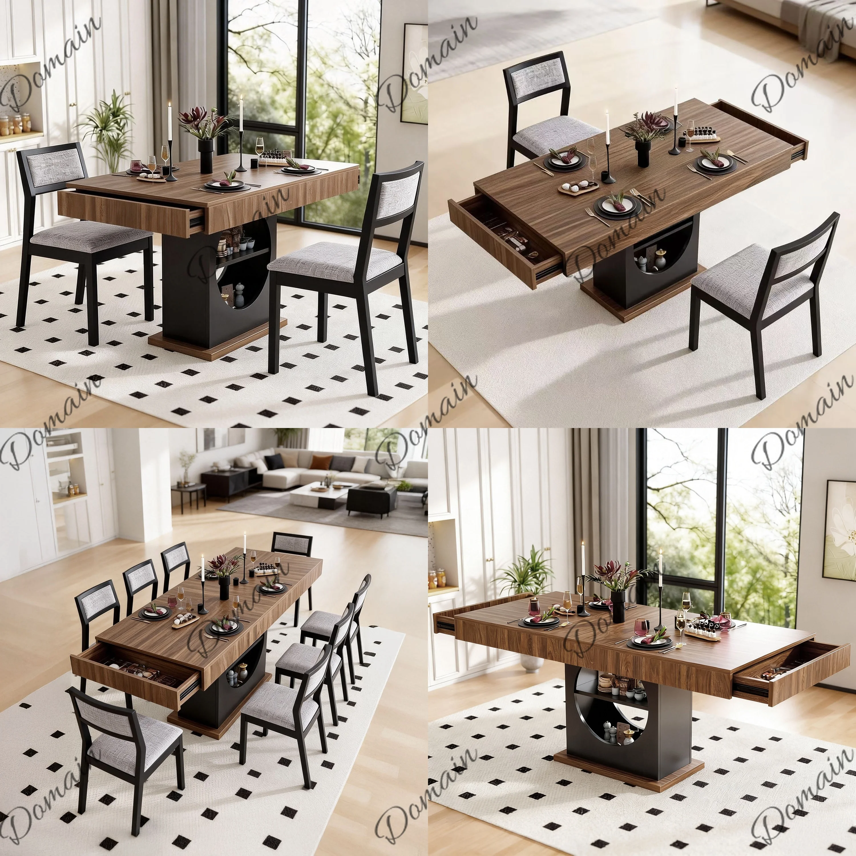 Modern Minimalist Solid Wood Dining Table Set with Drawer Storage Black Base Nordic Kitchen Furniture