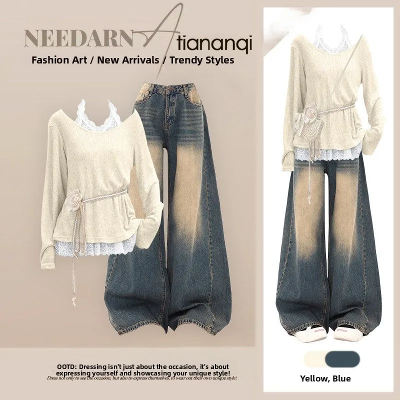 

Spring Casual Lace Neck Hanging Long Sleeve Women's Set Slimming Jeans Two-Piece Set Fashionable Elegant Age-Defying