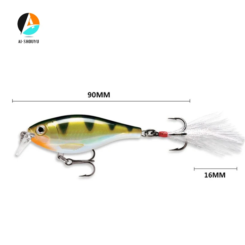 AI-SHOUYU 1pc Minnow Fishing Lure 9cm/13g Sinking Swimbait Crankbaits Hard Bait with Feather De Pesca For Pike Fish