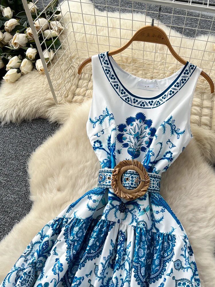 เดรสยาวพิมพ์ลายเอวสูงสำหรับผู้หญิง ดีไซน์ผูกเอวทันสมัย เหมาะสำหรับฤดูร้อนและใส่ไปทำงาน