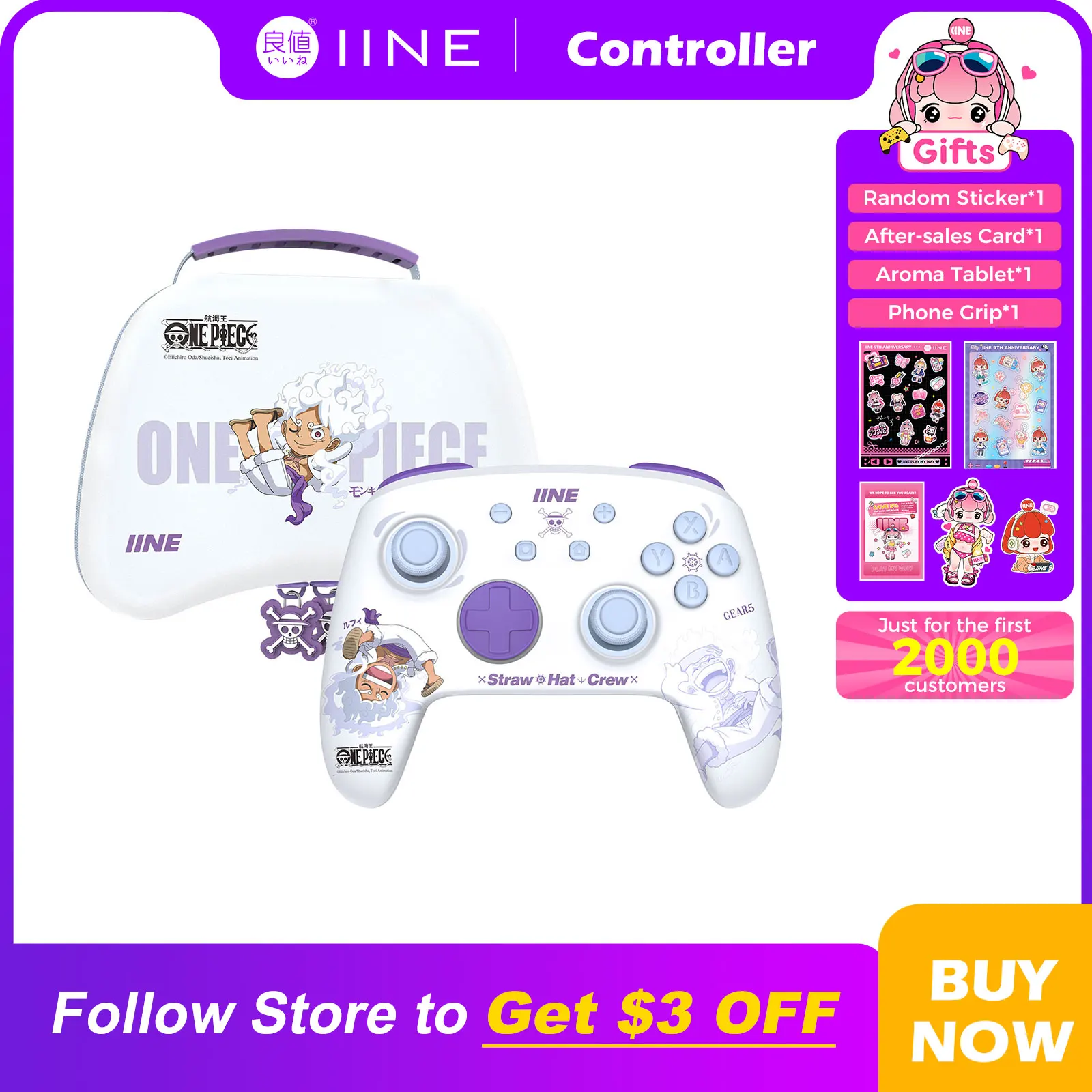 IINE Cartoon Design Wireless Pro Controller Wake up Macro Turbo Function RGB Lihting Compatible with Nitendo Switch