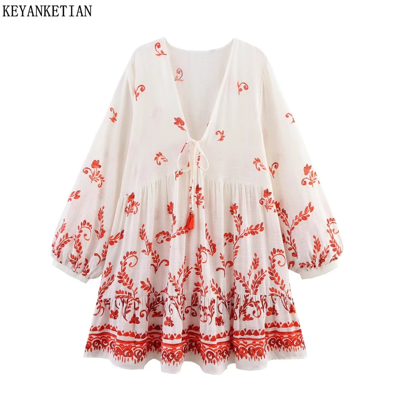 

KEYANKETIAN Spring/Autumn New Holiday wind Leaves Print Tassel Lace Up V-Neck Mini Dress Women Long Sleeve Loose A Line Dresses