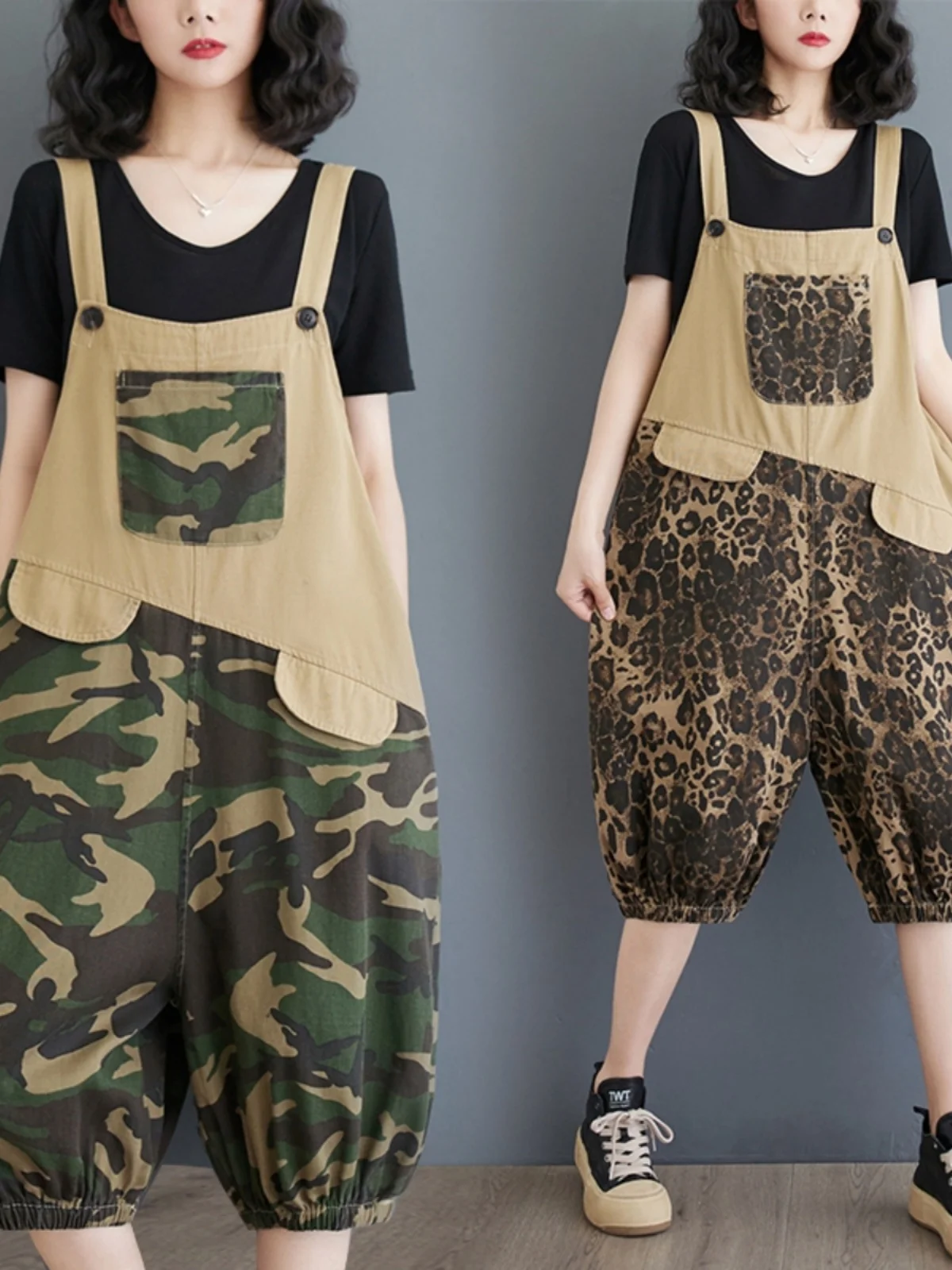 

Summer New Women's High Waist Five-Quarter Length Denim Overalls Artistic Camouflage Patchwork Lantern Pants Trendy