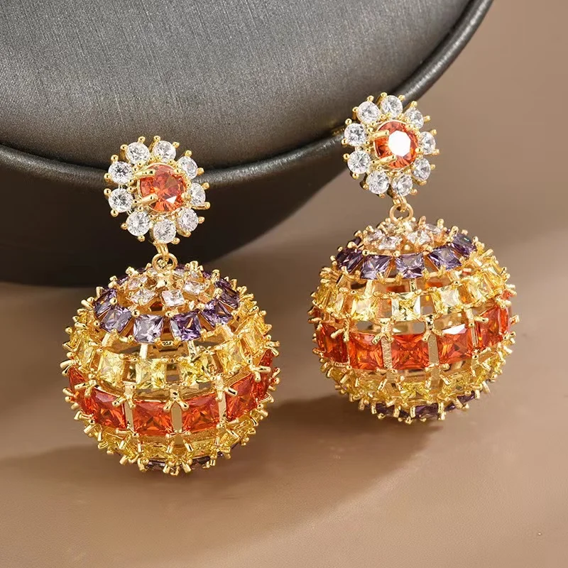 

Fashion Colorful Ball Earrings CZ Cubic Zirconia Luxury Elegant Drop Vintage Flower Earrings Bridal Wedding Jewelry for Women