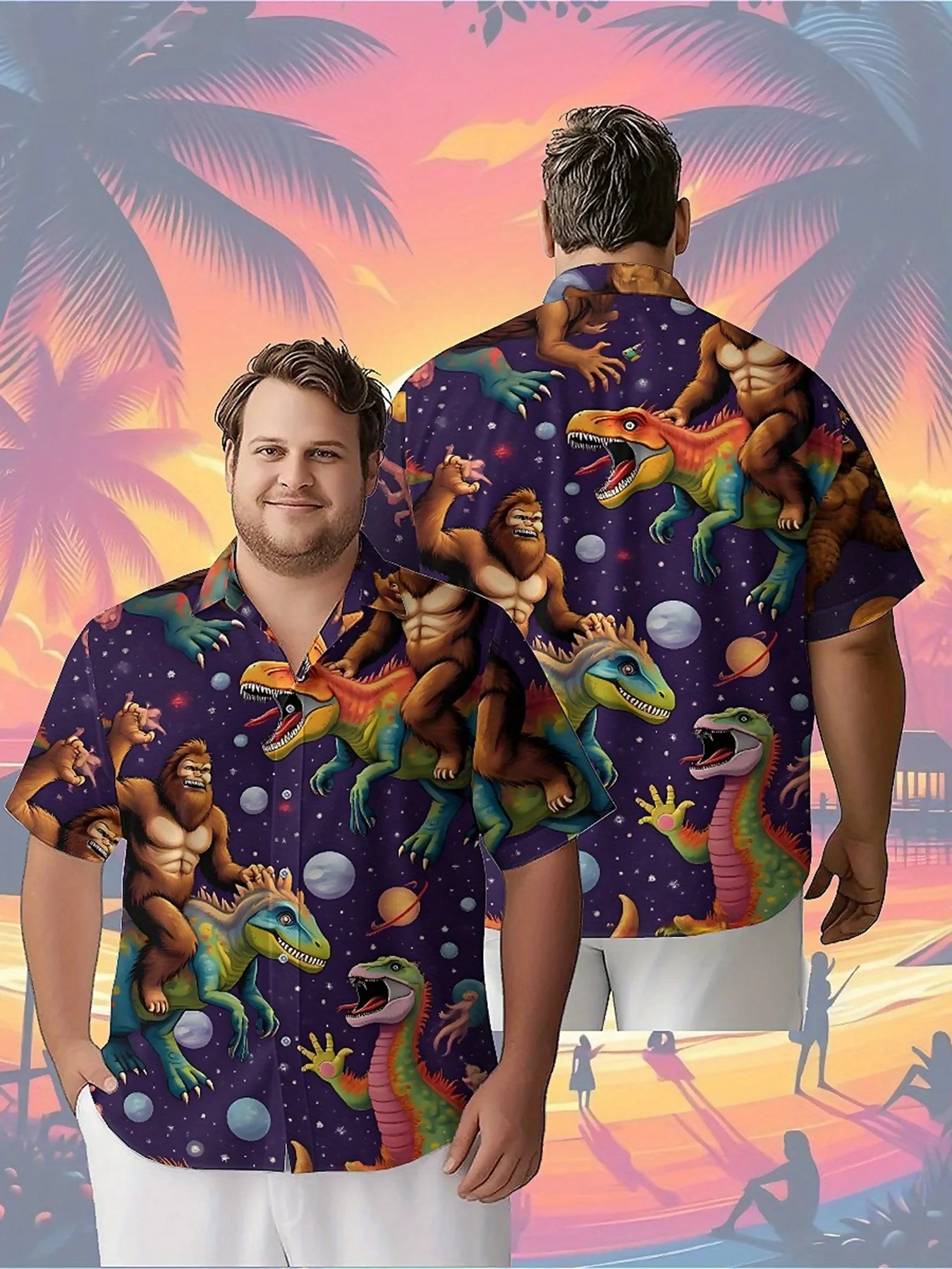

Men's Plus Size Hawaiian Shirts Interstellar Dinosaur Party pattern,Unisex Baggy Aloha Shirts,summer Alternative Clothing