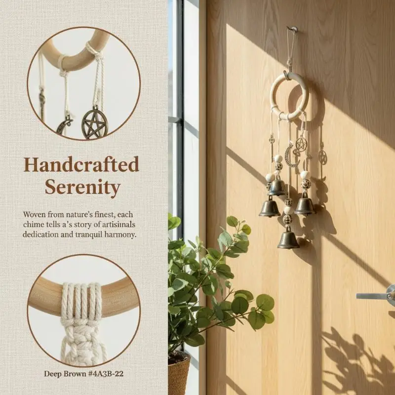 Bohemian Hanging Decor Wind Chime Natural Wooden Hoop Vintage Metal Bells for Yard Garden Housewarming Gift