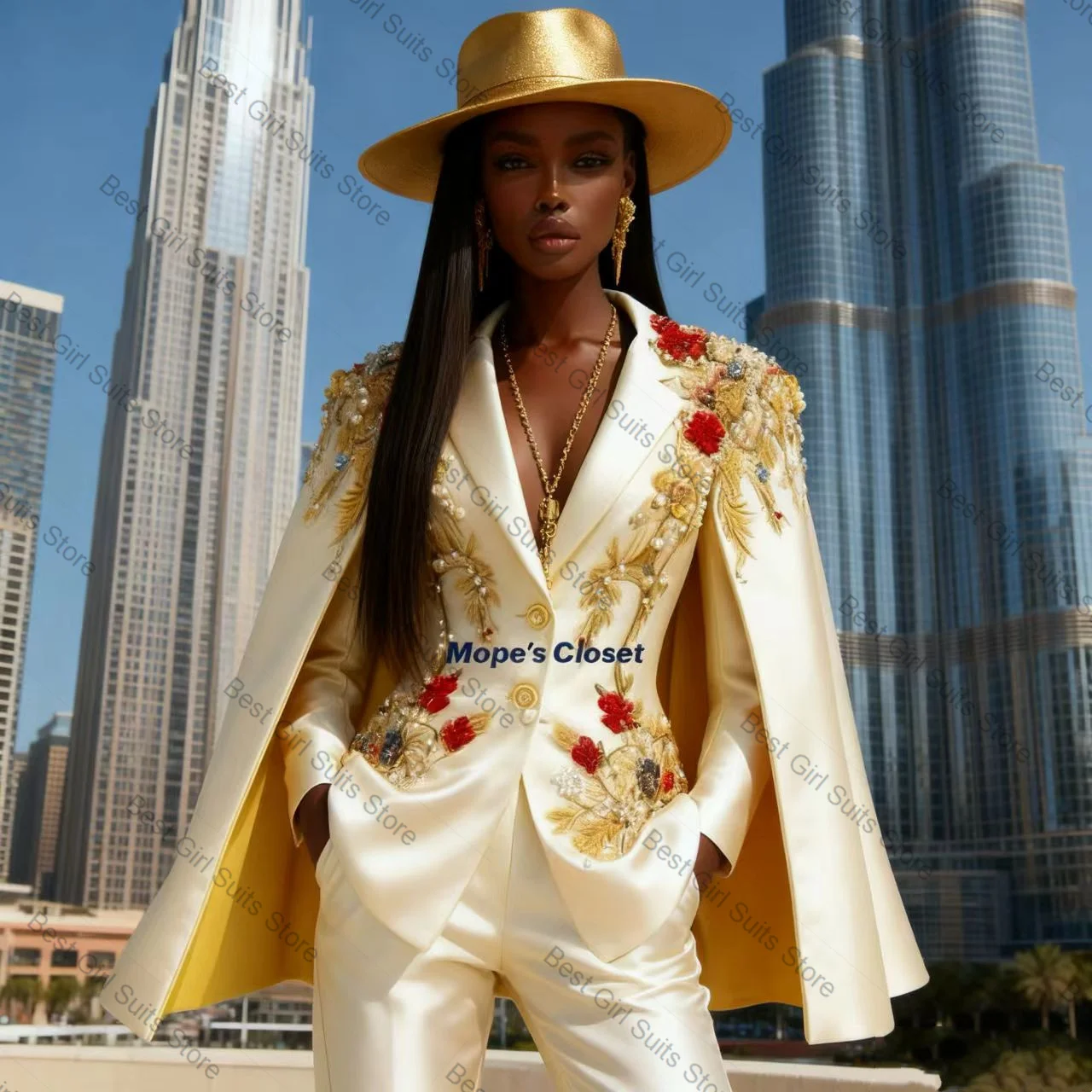 

Luxury Wrap Cape Women Suit Set 2 Piece Blazer+Pants Trousers Flower Formal Office Lady Jacket Customized Prom Wedding Coat