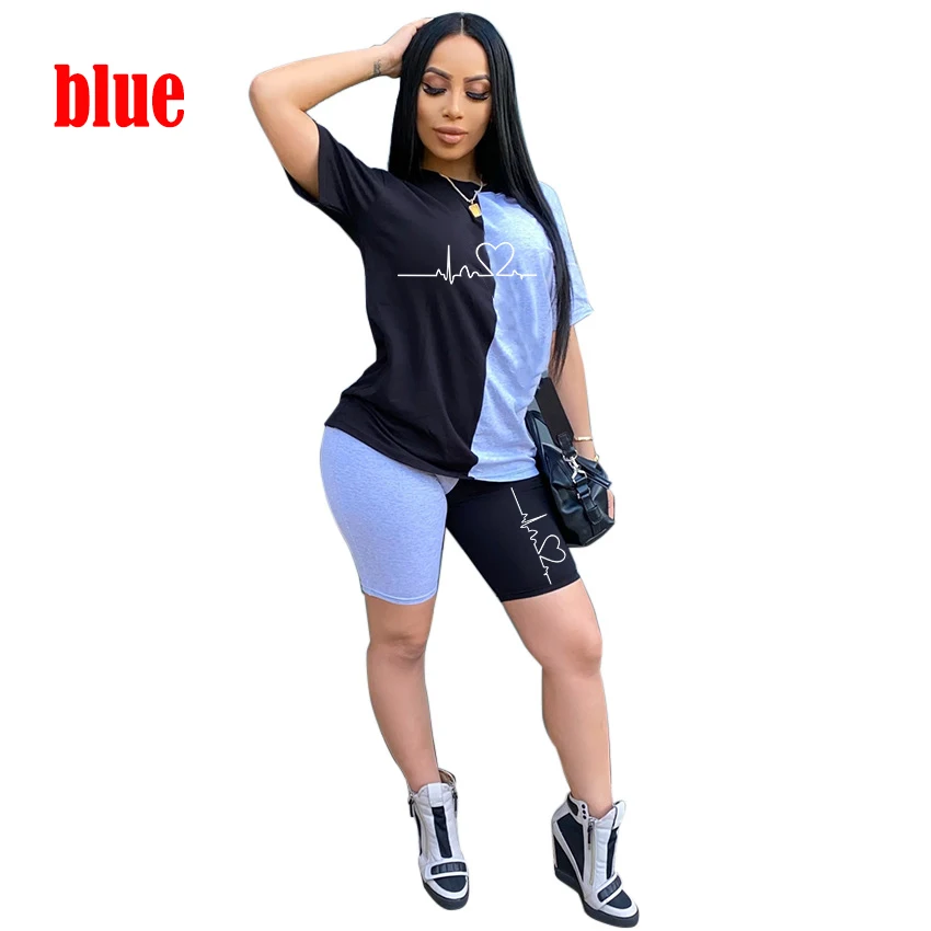 Women Sporting Casual ECG Print Two Piece Set Short Sleeve Tee Top Biker Shorts Above Knee Pants Suit Tracksuit Outfits