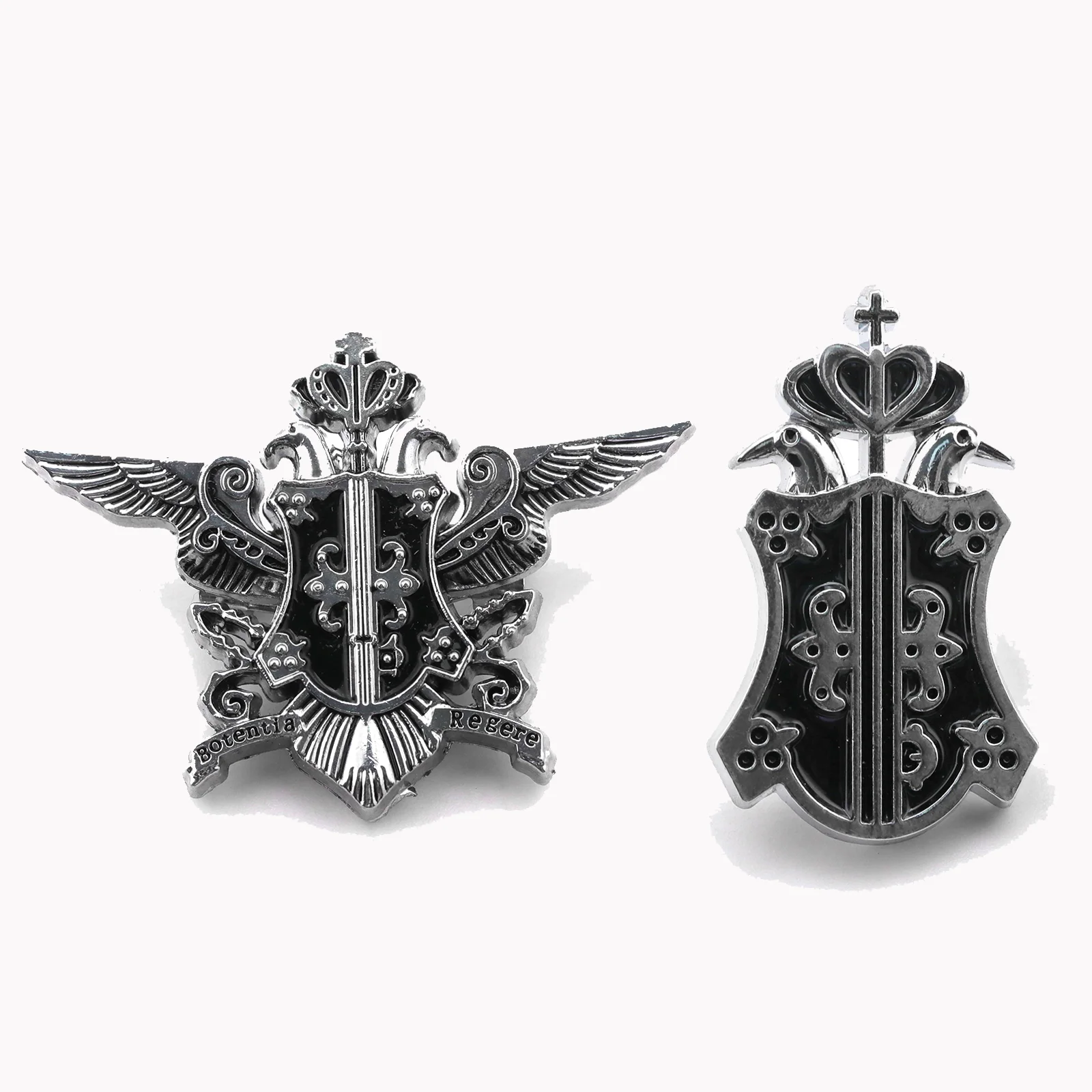 Dark Gothic Metal Brooch Violin Crown Wing Shield Heraldic Emblem Badge Lapel Pin for Jacket Collar Dark Style Decor Gift