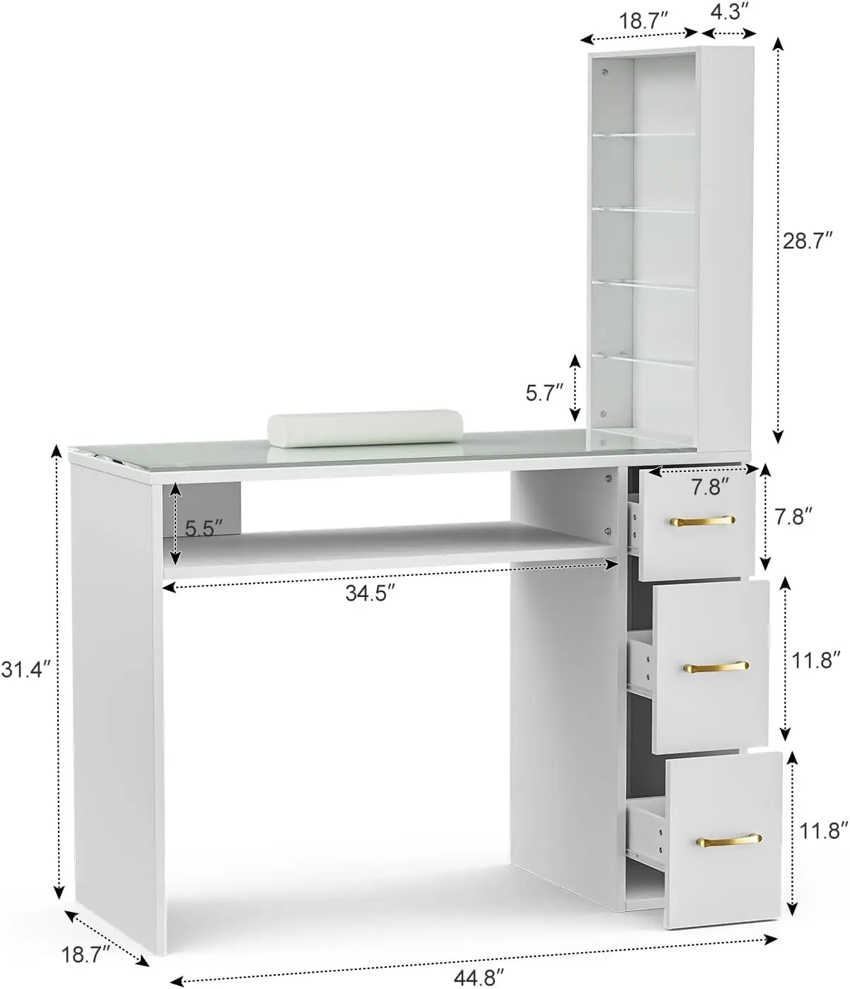 Paddie Manicure Table with Drawers, Glass Top Nail Desk Nail Tech Table w/Storage Shelves, Wrist Cushion, Golden Handles, Spa Be