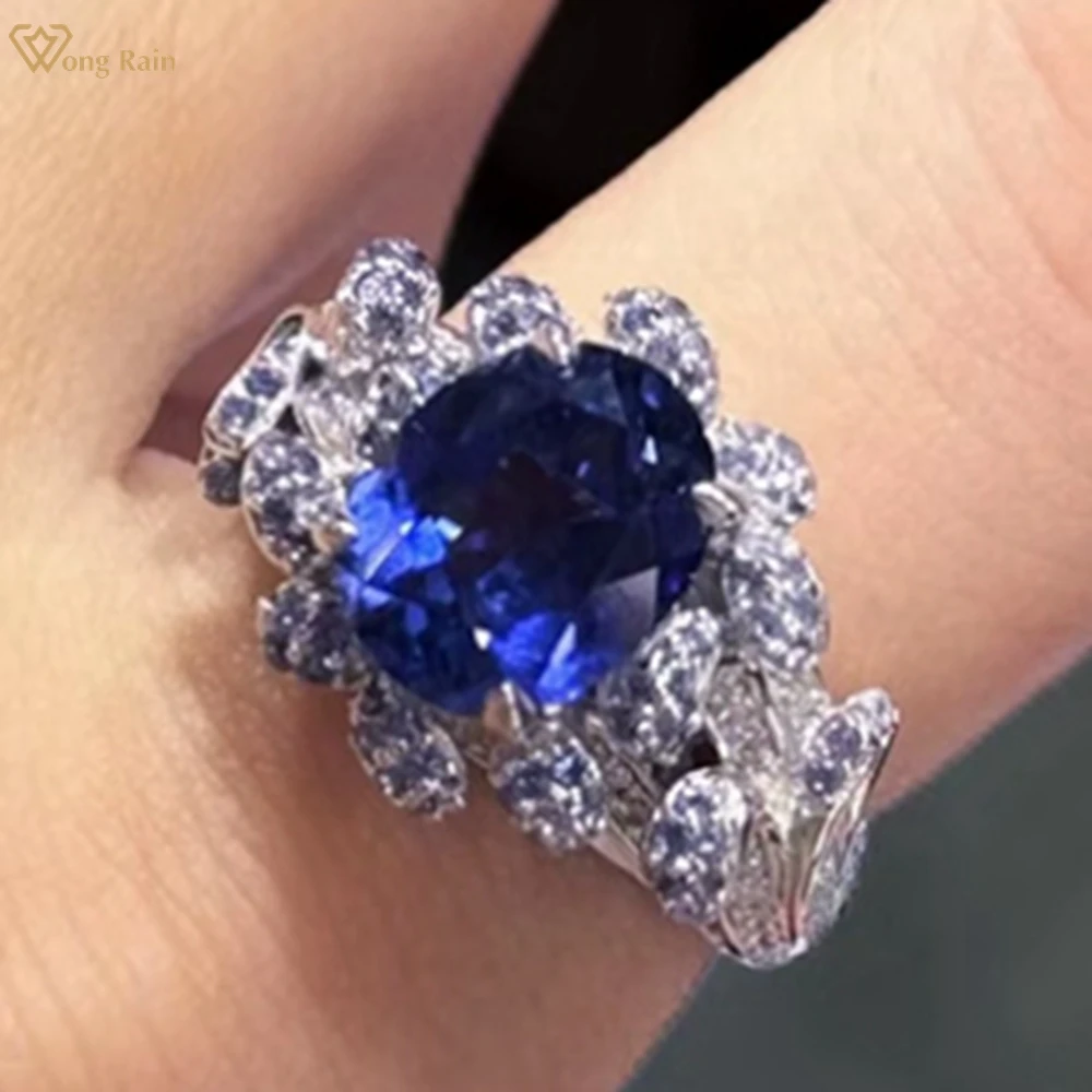 

Wong Rain Luxury 925 Sterling Silver Sparkling 8*10 MM Sapphire High Carbon Diamond Gems Cocktail Ring for Women Fine Jewelry