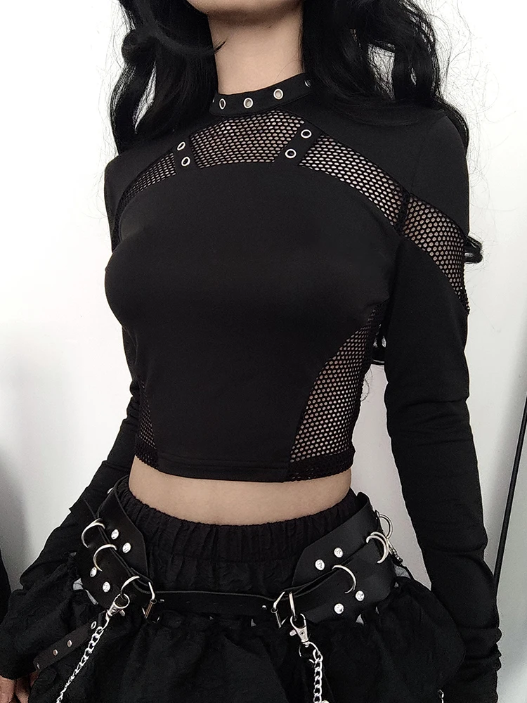 Punk Style Metal Eyelet Black Long Sleve T Shirt Women Dark Academia Mesh Patchwork Chic Tee Halloween Streetwear