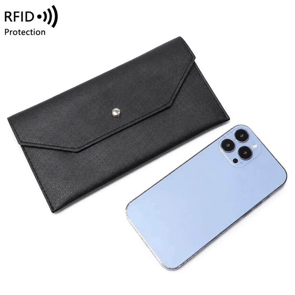 Lychee Texture Soft Leather RFID Blocking Wallet for Women Envelope Long Purse Ultra-thin Simple Portable Hand Bag for Daily Use