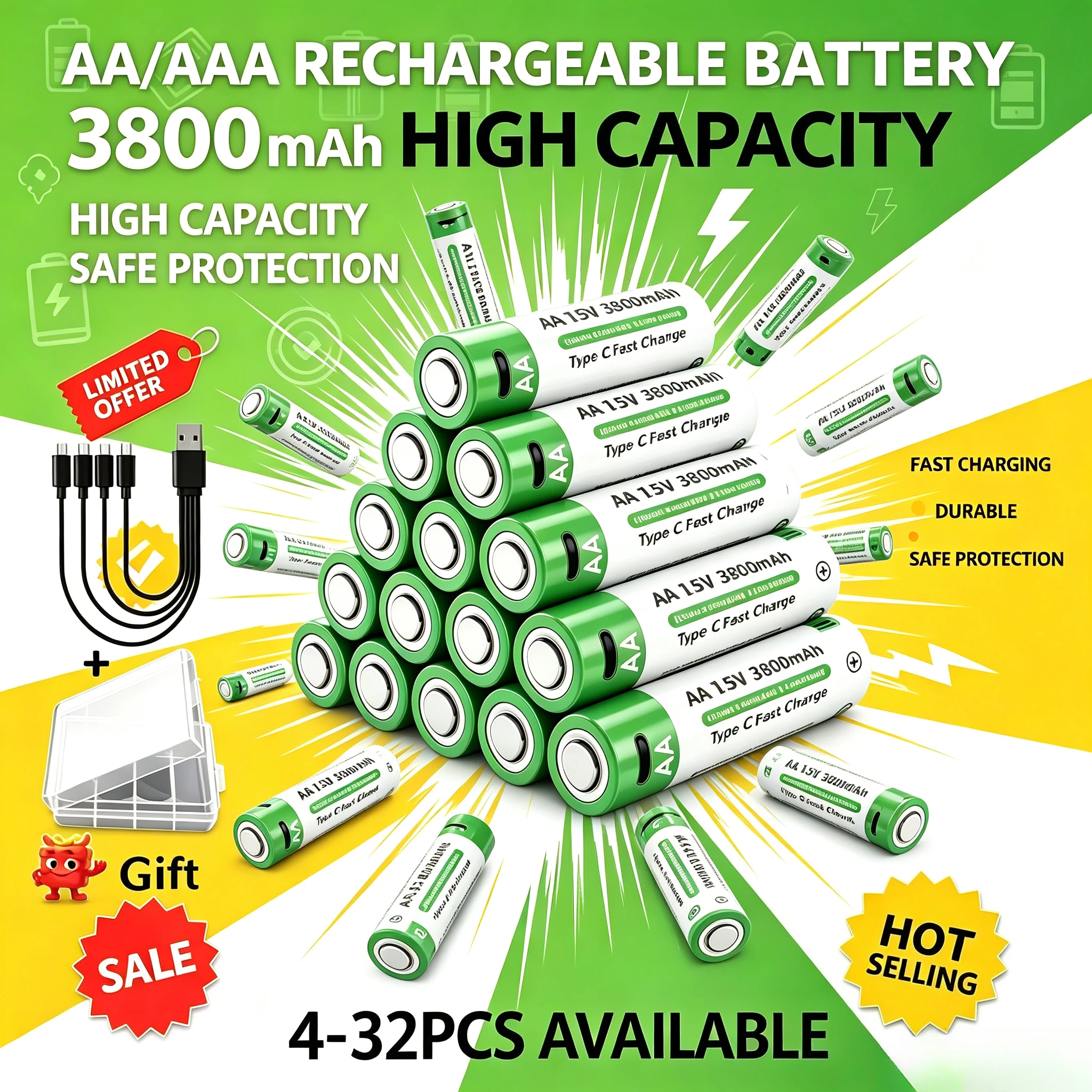 AA AAA Rechargeable Battery 3000/3800mAh 1.5V Constant Voltage Lithium Battery Type-C Fast Charging for Remote Mouse Toy