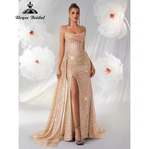 Luxury Gold Shimmering Evening Dress 2026 Sequin Strapless Corset Prom Dress with High Slit &amp; Sweep Train Customized