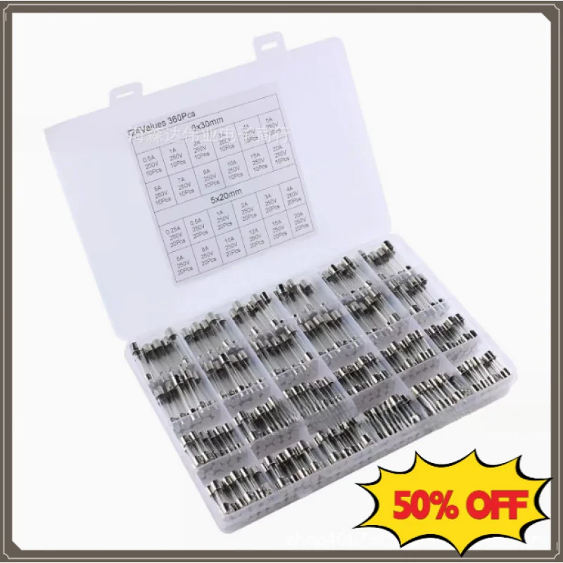 360個入り混合ガラス管ヒューズキット-5x20mm-6x30mm-025a-05a～20a-速断ヒューズ-回路保護用