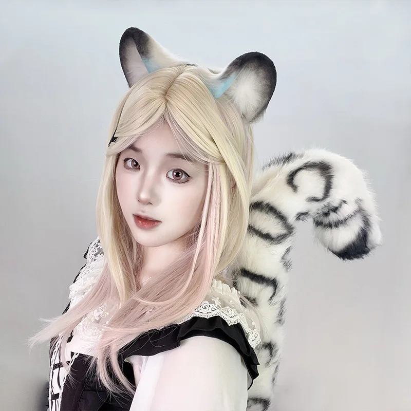 Plush Snow Leopard Ears Hairband Fluffy Tail Fursuit Furry Animal Ear Headband Hallowwen XMAS Cosplay Props Costume Accessories