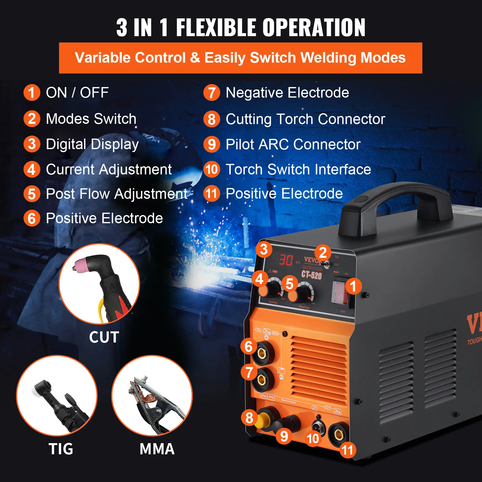 VEVOR 3 in 1 Plasma Cutter Welder Machine Non-Touch TIG/MMA Plasma Welding Cutter Machine Pilot Arc Cutter TIG Stick Welder