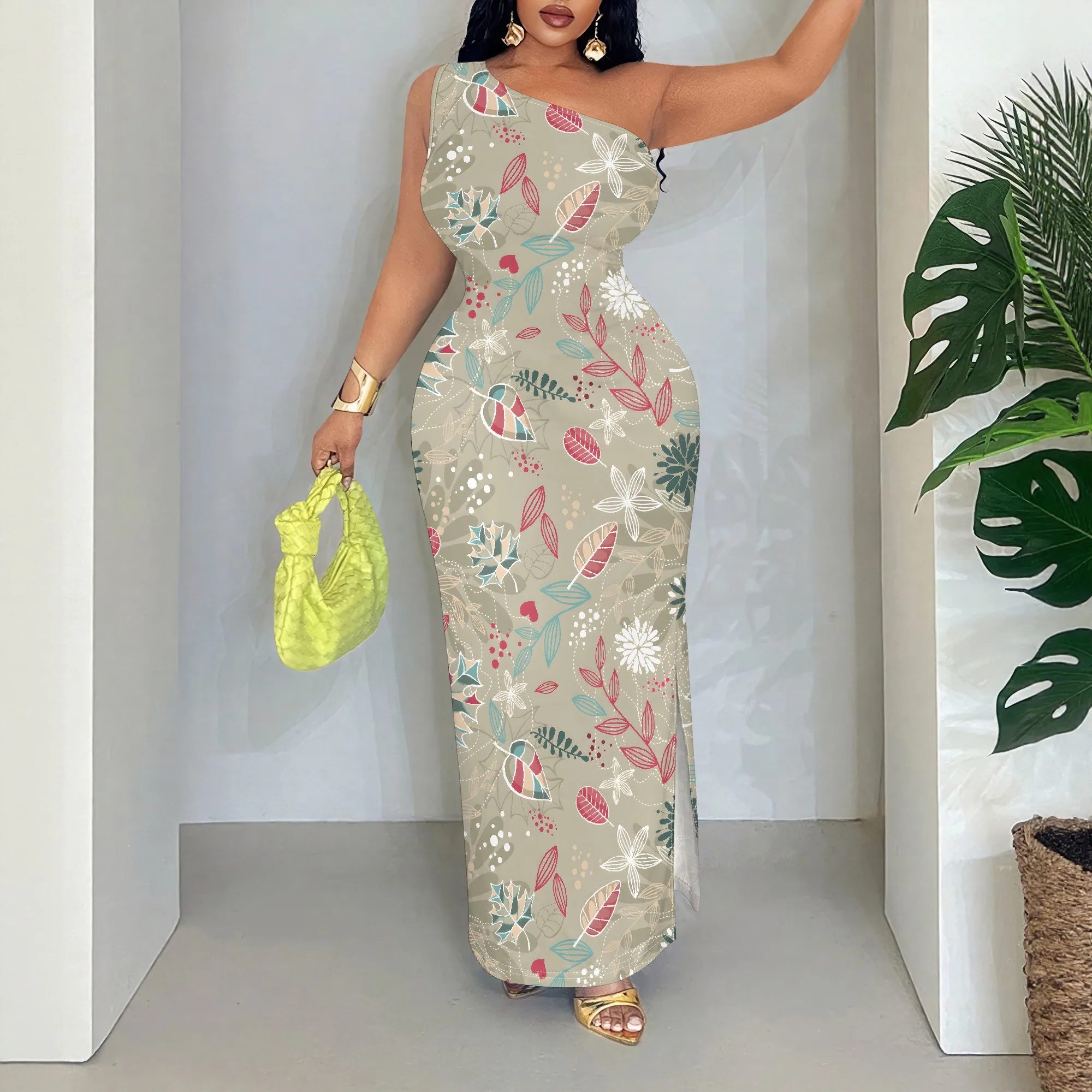 

Floral One Shoulder Maxi Dress, Botanical Print Bodycon Gown, Sleeveless Ruched Party Wear for Women, S-2XL