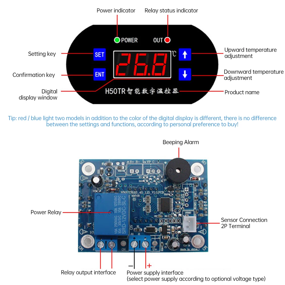 H50TR LED Digital Temperature Controller DIY Kits DC 12V 24V 10A Relay Output Cooling Switch NTC Sensor