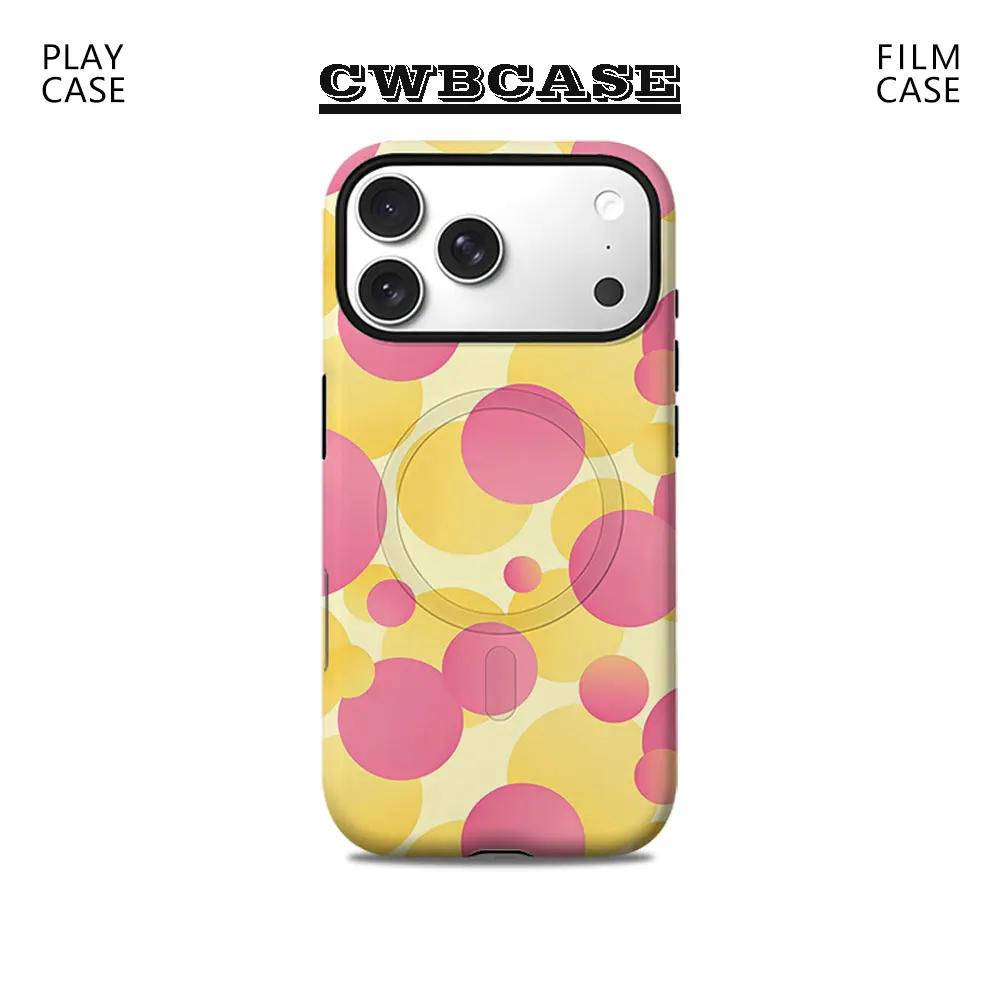 Capa de Celular Rosa e Amarela com Círculos Sobrepostos para Capa Magnética de Celular para iPhone 17 16 15 14 13 Pro Max Plus, Capa de Camada Única ou Dupla