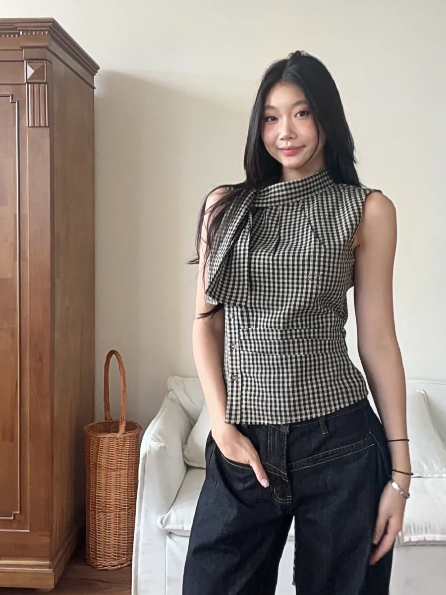 

Bla White Plaid Svel Ne Hanging Vest ort Sle Waist Slimming Top for Women Summer Commute Sle Pear Body pe