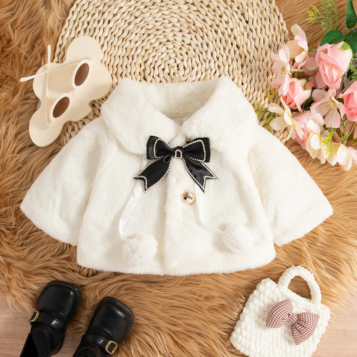 Baby Winter Clothes Winter Bow Solid Color Lapel Hairball Fleece-Lined Baby Girl Clothes Cute Warm Children's Outerwear