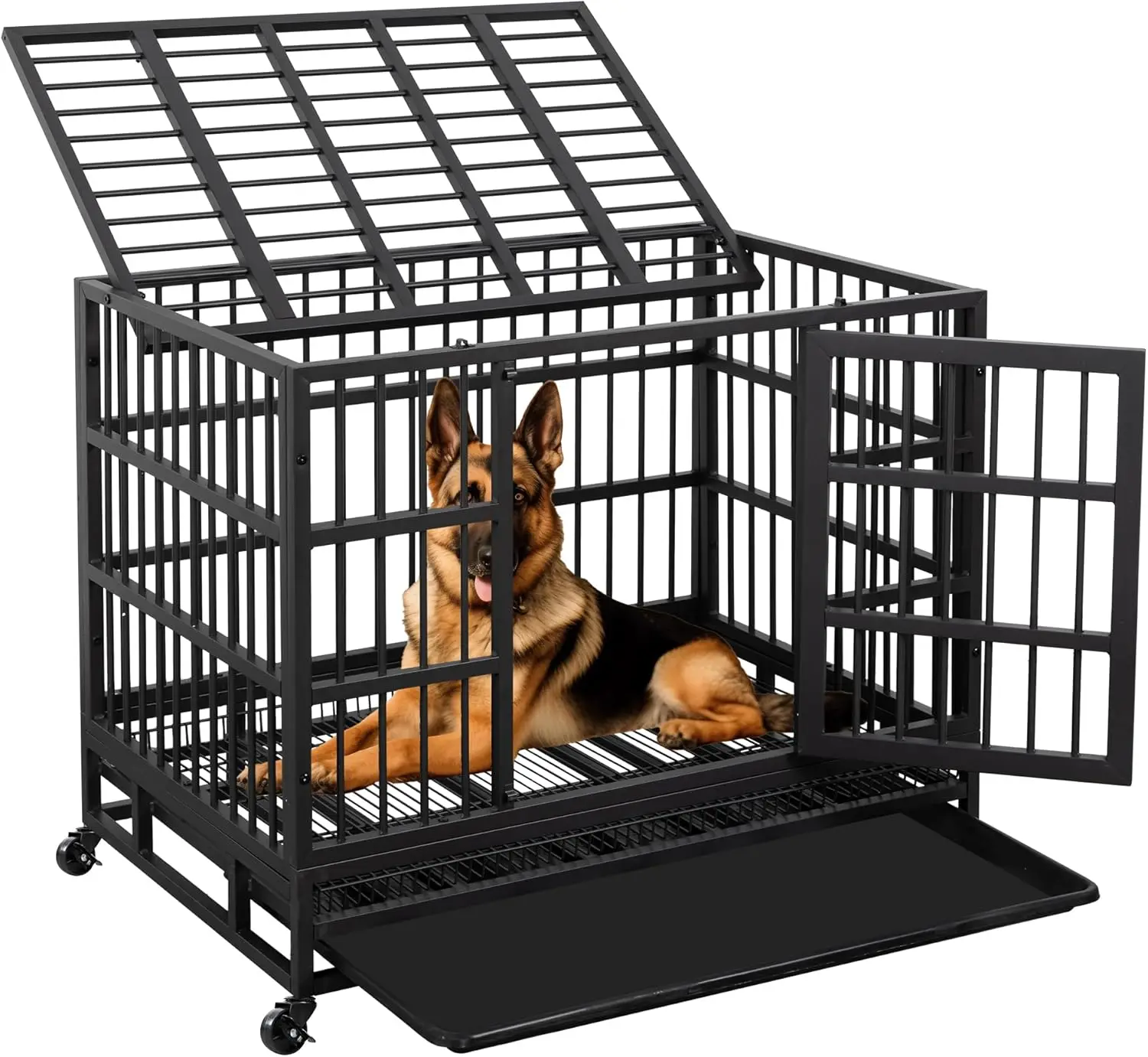 

48 Inch Heavy Duty Indestructible Dog Crate Double Doors Escape Proof Cage Kennel,Enhanced Metal Pet Cage