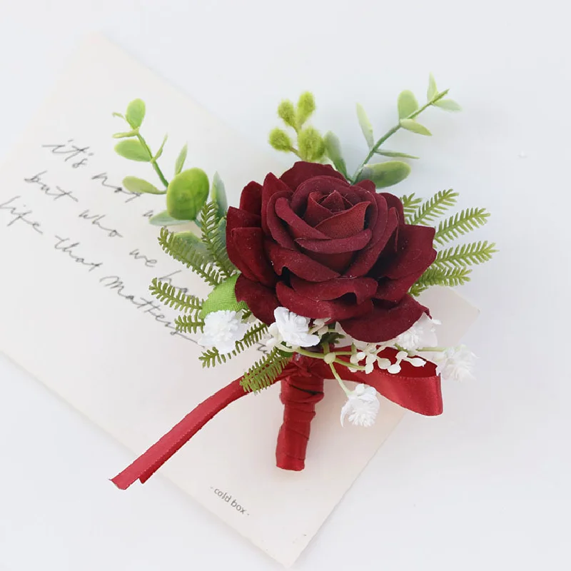 Boutonniere e pulso buquê para convidados, casamento suprimentos, flores simuladas, vinho tinto, banquete suprimentos, 518