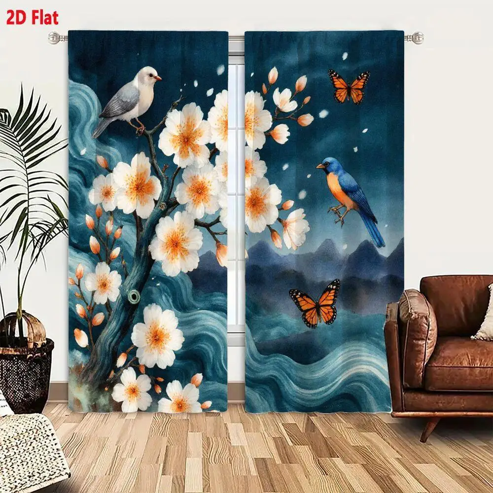 Böhmische Vorhänge mit Blumen-, Schmetterlings- und Vogelmotiven, 2er-Set, Blau, Frühlings-Aquarell-Stil, Fenstervorhänge für Wohnzimmer und Schlafzimmer