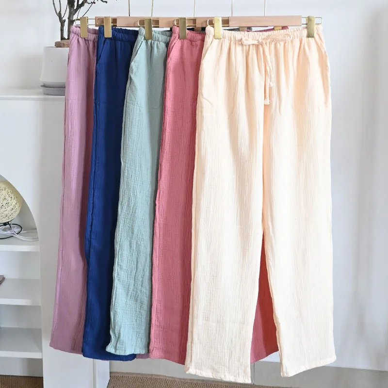 2025 New Summer Style Couples 100% Cotton Crepe Pants  Loose Home Pants Multi-color Nine-point Pants Women's Pajama Pants