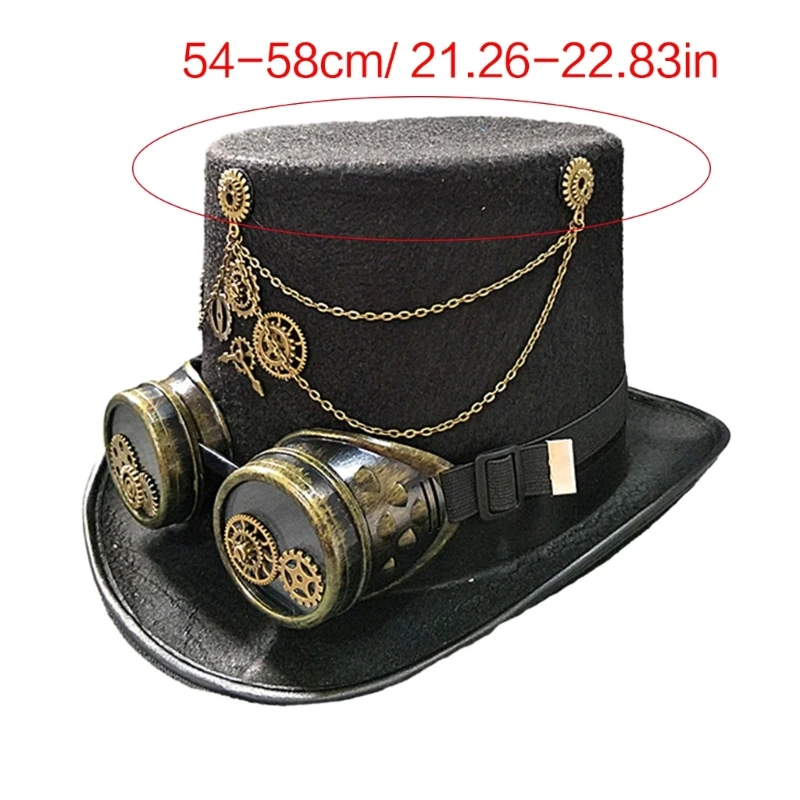 Vintage Adult Man Women Steampunk Flat Top Hat with Goggles Halloween Metal Gear Decor Hat Gothic Cosplay Magician Hat