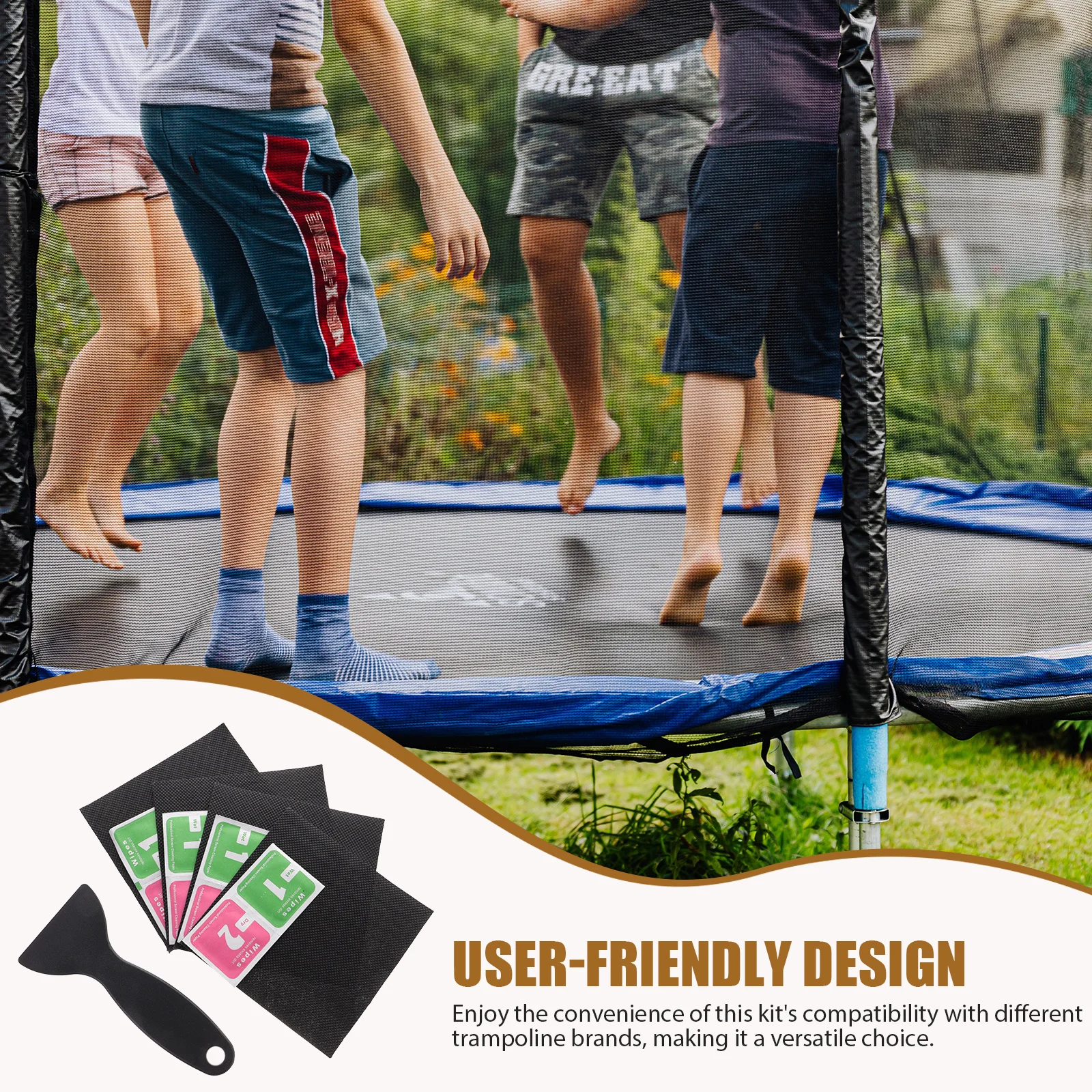 

1Set Trampoline Repair Patch Kit Durable DIY Jumping Mat Fixing Tool Set Scraper Adhesive for Trampoline Maintenance Equipment