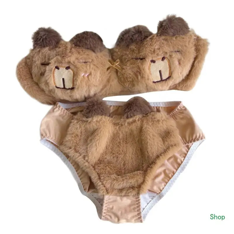 Dropship Women's Anime Capybara Lingerie Plush Bra and Panty Briefs Furry Underwear Set