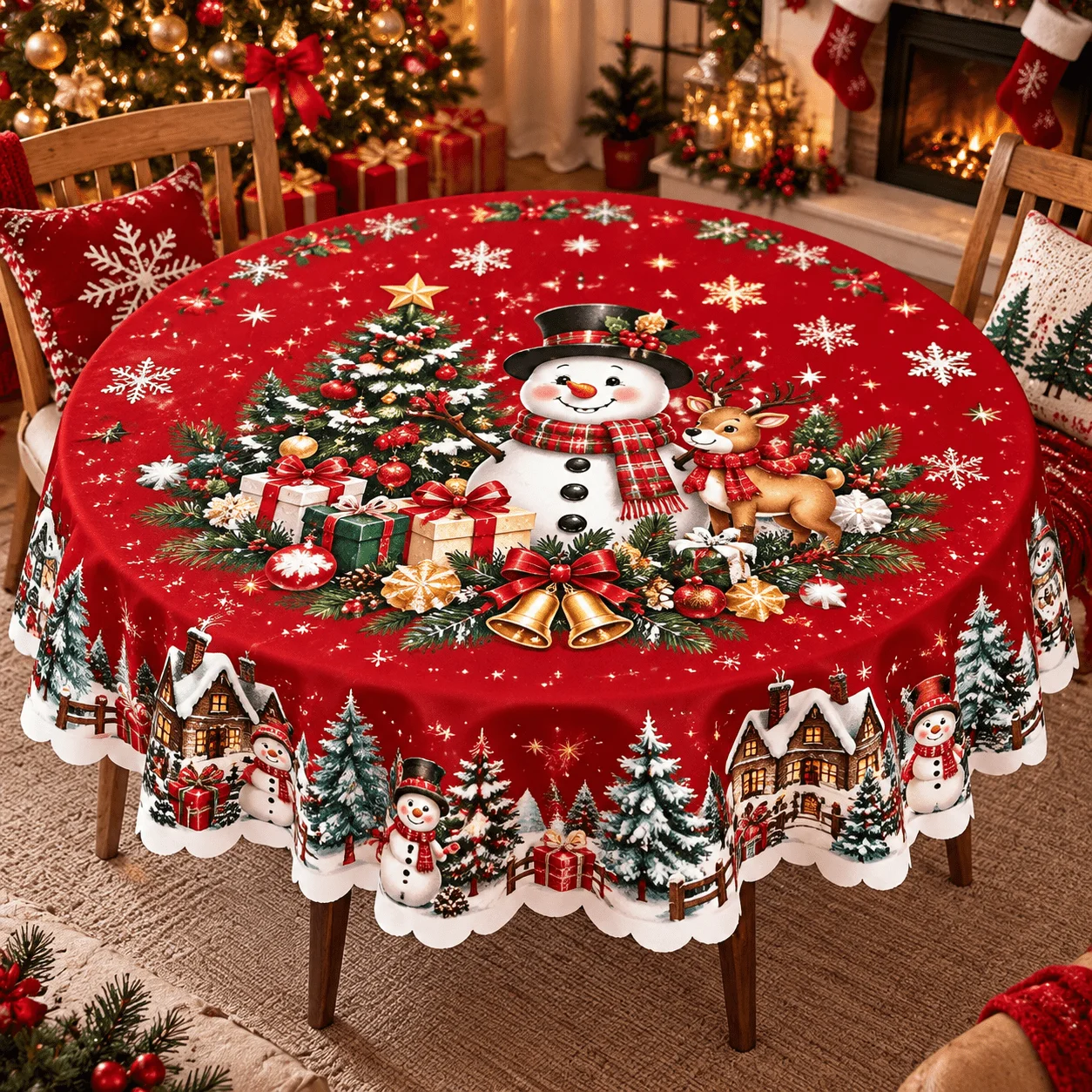 1 round tablecloth, Christmas snowman reindeer print tablecloth, red holiday theme with snow frame design
