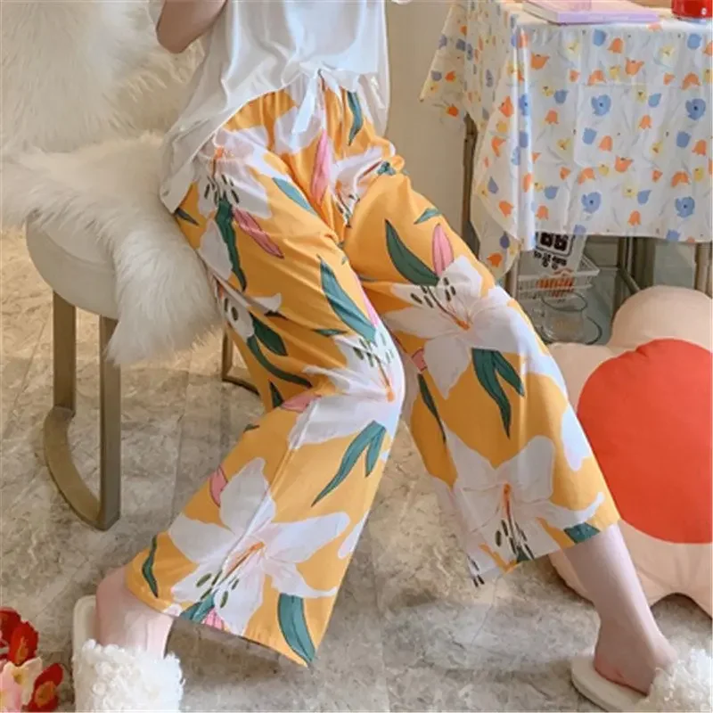Women Sleep Pants Cotton Pajama Pants Print Loungewear Trouser Wide-legged Pants Sweatpants Casual Pajamas Beach Loose