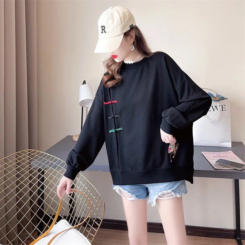 Chinese Style Pullover Sweatshirt Women Vintage Embroidery Loose Long Sleeve Pull Tops Fashion Spring Autumn Casual Sweat Shirt