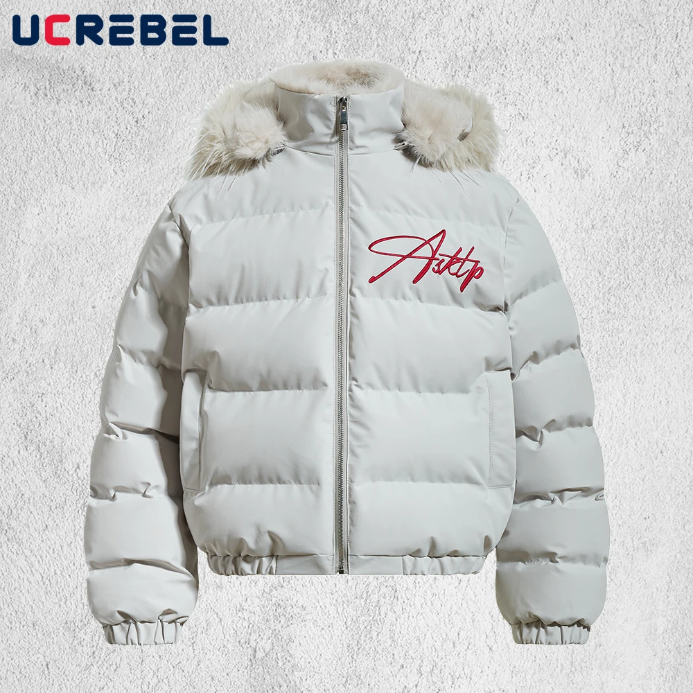 

Letter Embroidery Hooded Bread Jacket Mens High Street Winter Warm Removable Hat Long Sleeve Loose Thick Padded Jacket Man