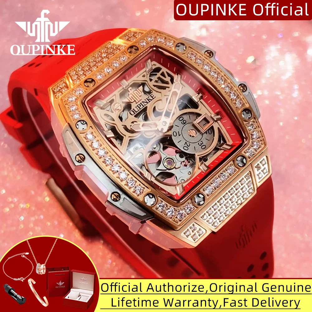 

OUPINKE 3220, женские часы, японские автоматические механические часы для женщин, силиконовый ремешок, полый бриллиантовый циферблат, роскошные женские часы