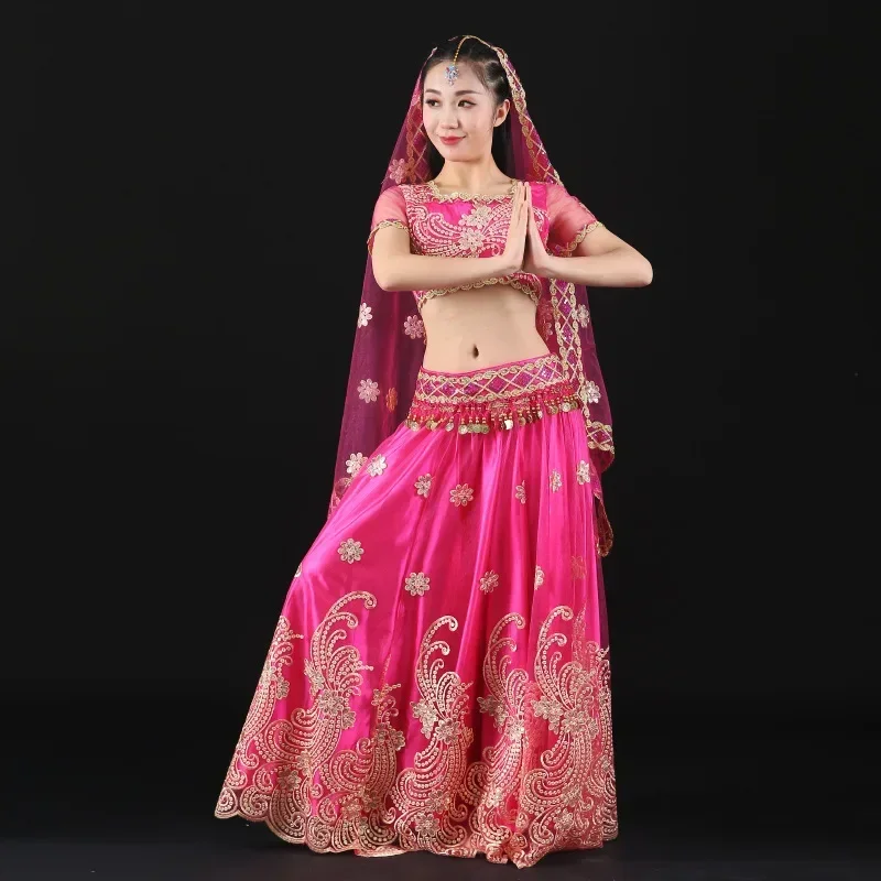 4 Colors Belly Dance Outfits Indian Dance Embroidered Bollywood Costume Set Long Skirt Top Belt Sari 4pcs Festival Performance