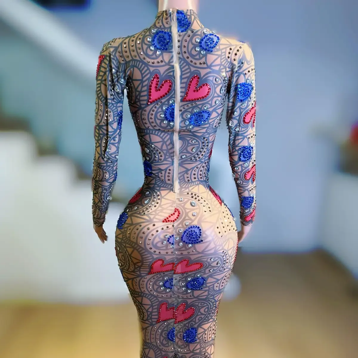 Bar DJ club nocturno mujer cantante actuación disfraz Sexy estampado completo de diamantes falda larga adelgazante equipo de baile fiesta tema espectáculo