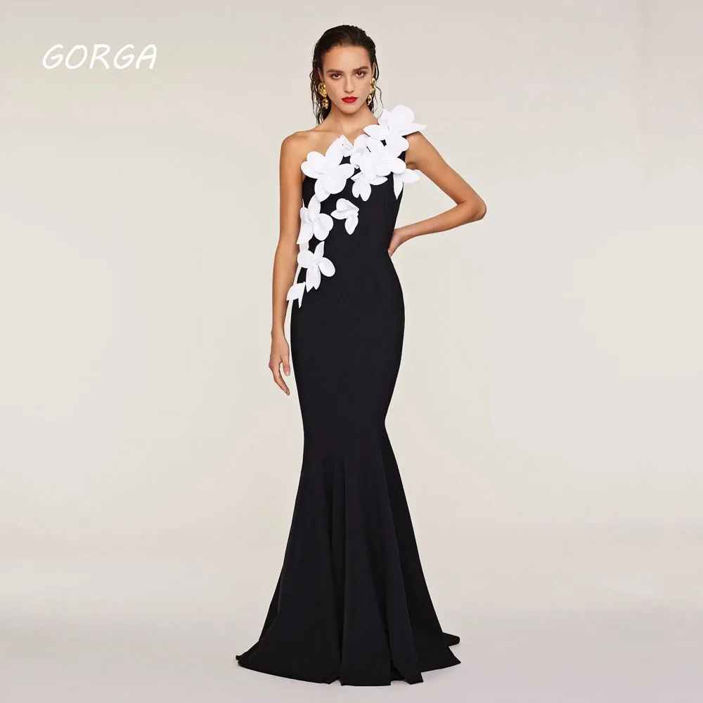 

GORGA Black One-Shoulder Appliques Crepe 2024 Slim Backless Sleeveless Ocassion Gown Floor-Length Evening Dress فستان سهرة نسائي