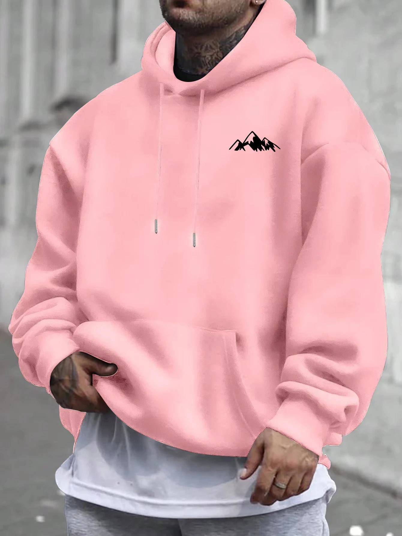Lässiger rosafarbener Herren-Hoodie mit Fleecefutter, stilvoller Grafik-Langarm-Hoodie mit normaler Passform und Freizeitkleidung, Kapuzenpullover aus Mischung vorne